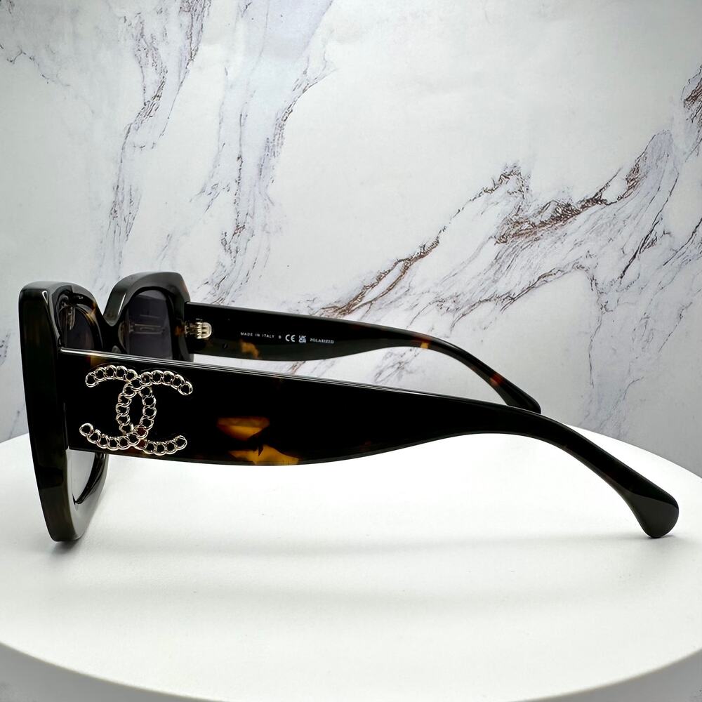 New CHANEL Sunglasses Brown Acetate Tortoise Square Gold Metal Chain CC - Picture 4 of 16